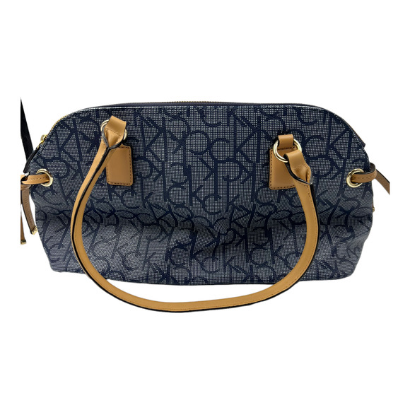Calvin Klein Signature Monogram Navy Satchel Logo Purse With Tan Handle - Picture 3 of 7